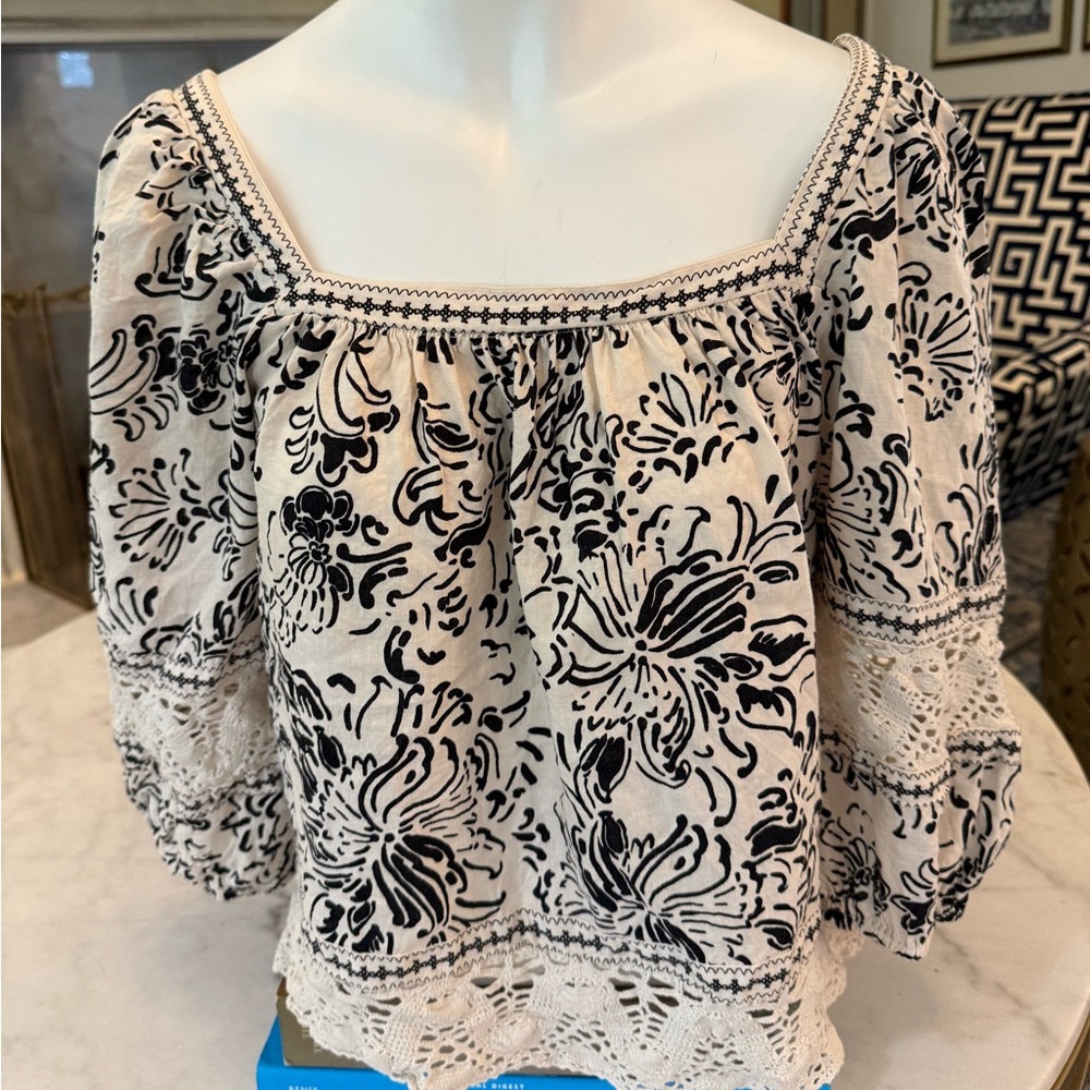 Christian‎ Siriano Black and White Ruffled Boho Blouse